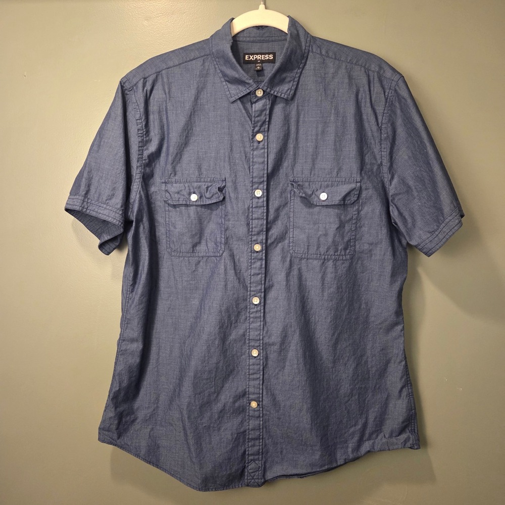 Express‎ Men's 100% Cotton Short Sleeve Button Up Shirt Size L Blue